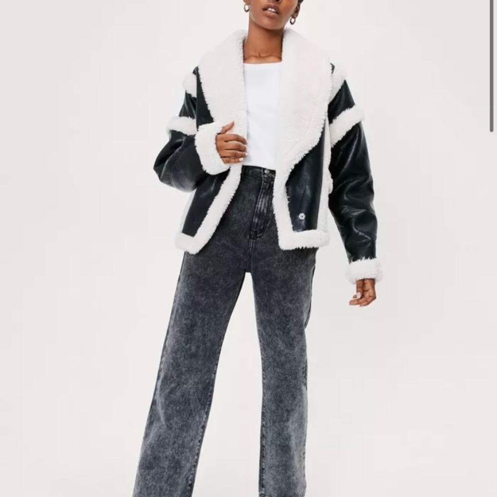 Faux Fur Lined Faux Leather Black Aviator Jacket